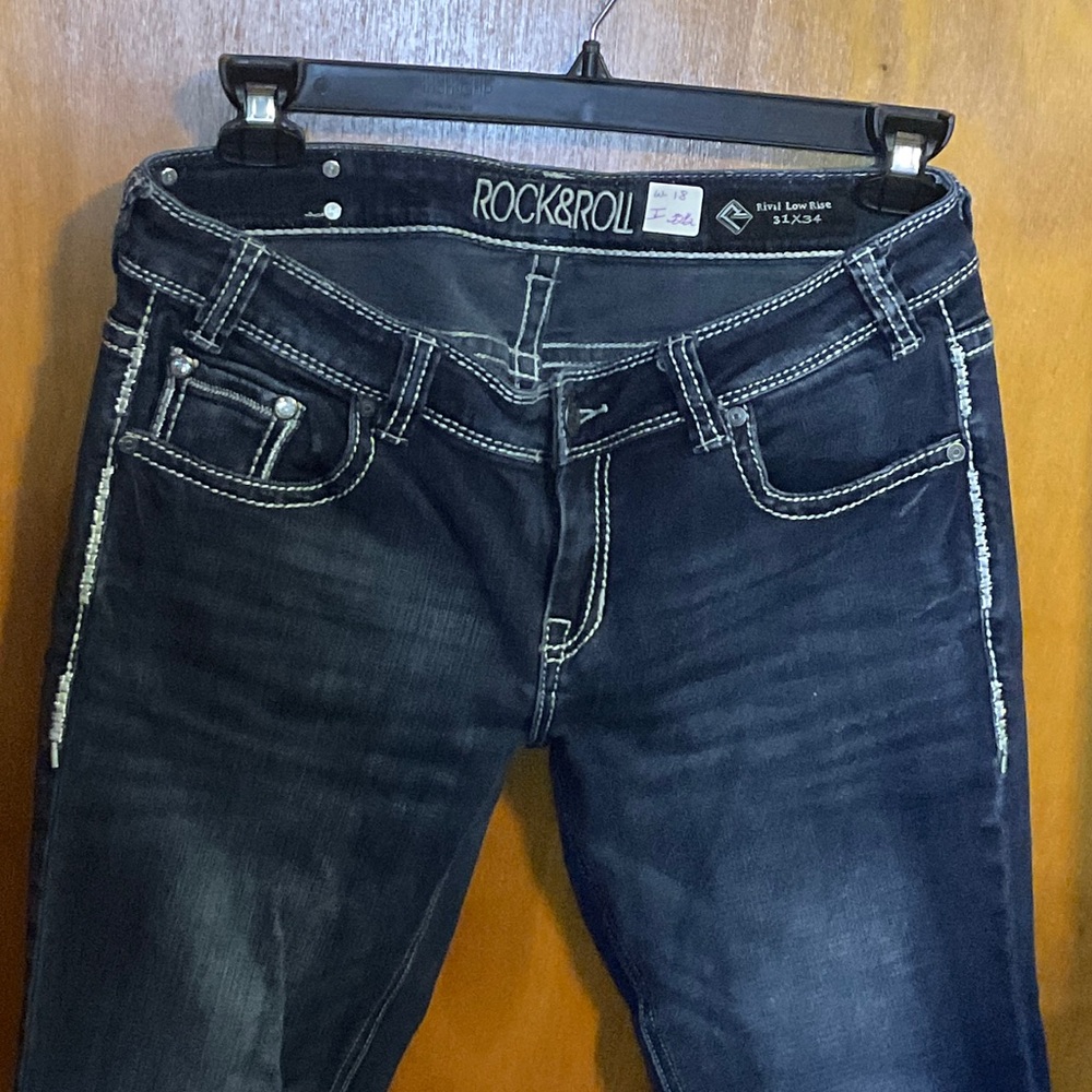 Rock & Roll Cowgirl Dark Blue Boot Cut Jeans with White Contrast Stitching